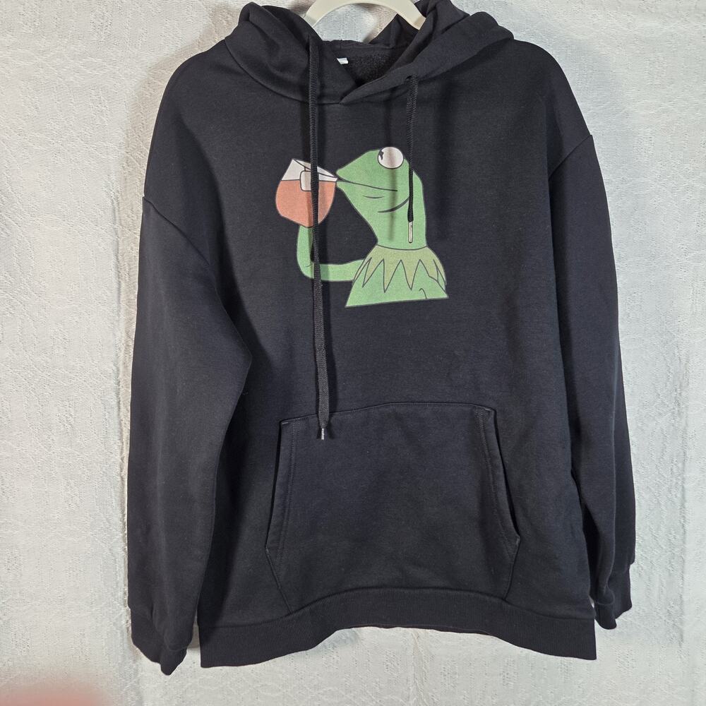 Kermit Frog Drinking Tea Hoodie‎ 2XL Black Funny Meme Sweatshirt Unisex Graphic